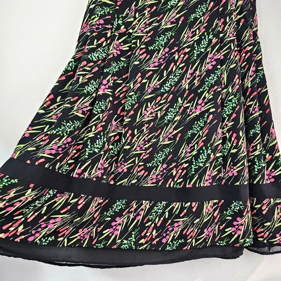 American Vintage Floral Garden Midi Skirt Sz 12 Black Pink Trim Casual Work Boho - Picture 2 of 10